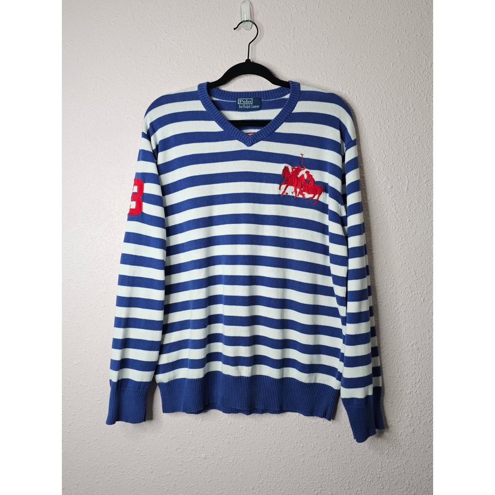 Polo Ralph Lauren Mens XL Big Pony Striped V-Neck Number 3 Sweater Blue White